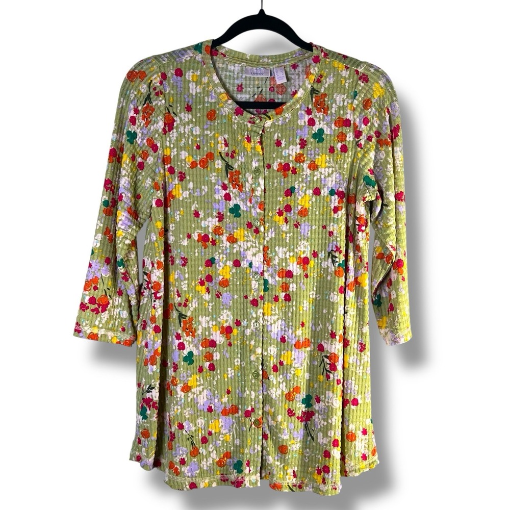 LOGO Layers by Lori Goldstein Womens Sz XS Cardigan Blouse Green Floral Colorful